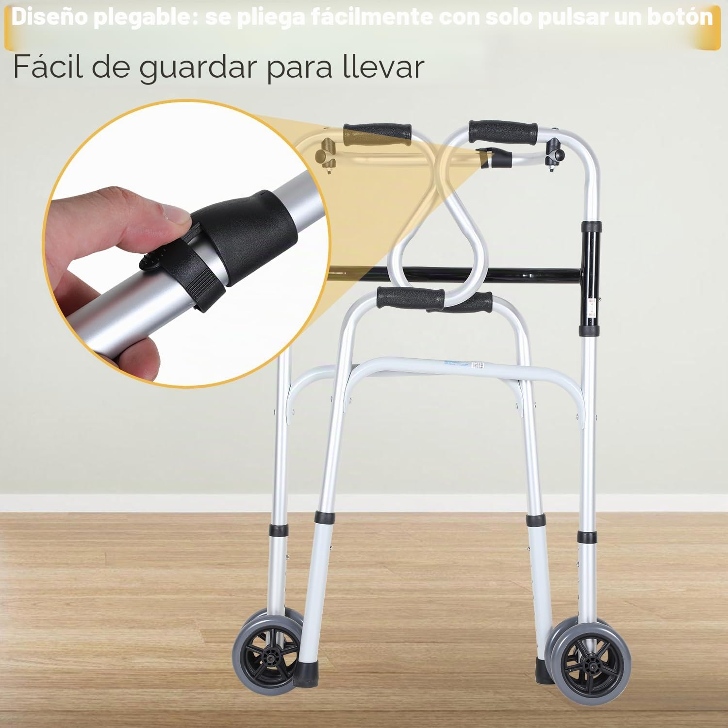 Andador, Andador para personas mayores, Marco de marcha plegable con 2 ruedas giratorias, Andador para adultos Marco de marcha regulable en altura de aluminio, Antideslizante Estable Andador