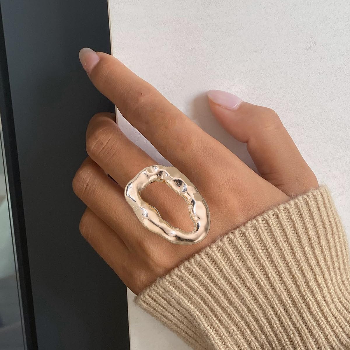 Hebelee Hollow Geometric Chunky Statement Ring for Women Gold-Toned Irregular Thick Hammered Oval Stackable Open Band Finger Rings Adjustable Comfort Fit Minimalist Vintage Wedding Engagement Jewelry - Image 2