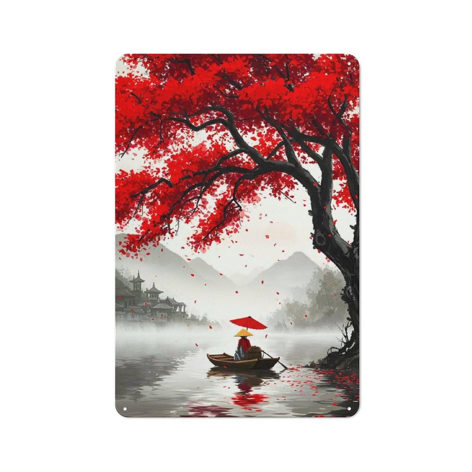 Junmoney Style-10 Garage Style Metal Wall Sign 30X20cm Featuring Japanese Lake Scene With Red Tree, Garage Wall Decor For Garage, Hobby Room, Office Or Man Cave