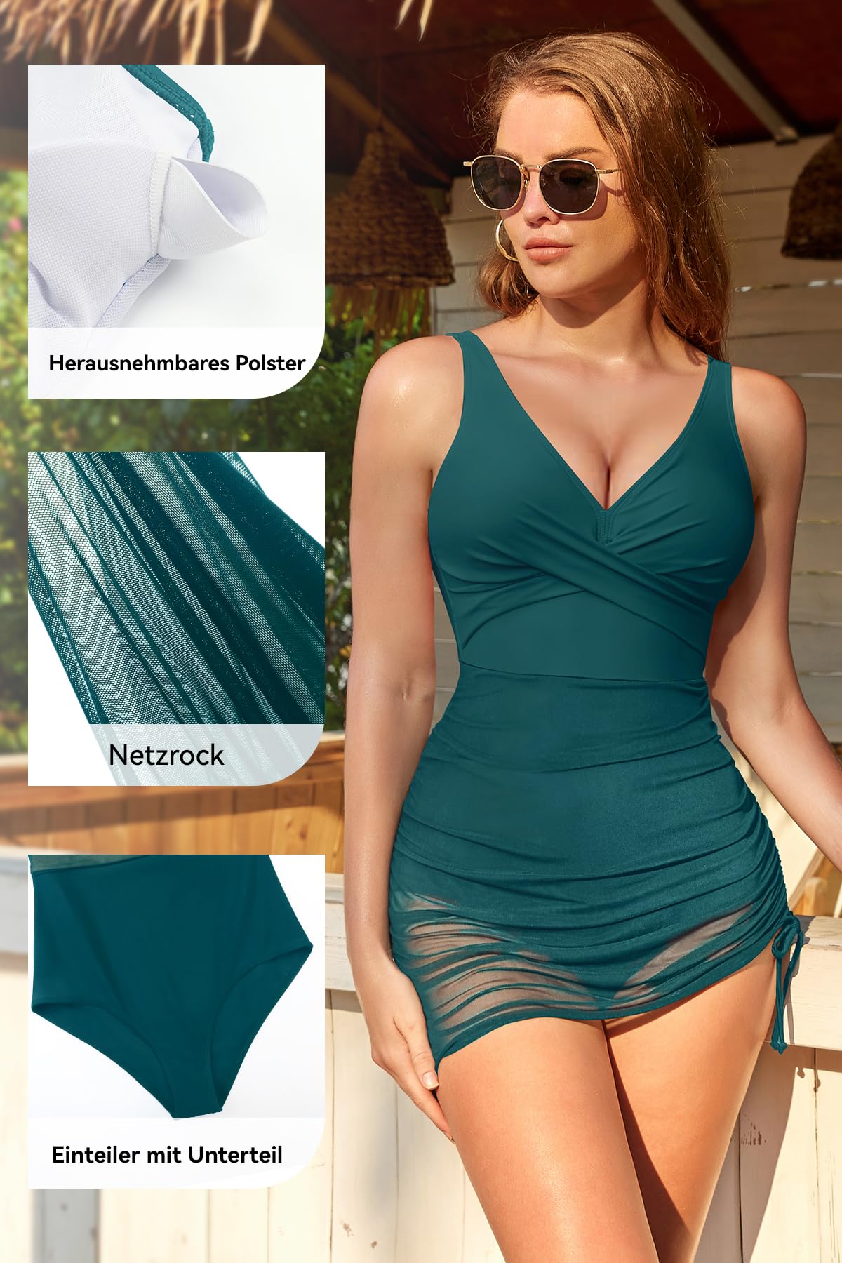 SHEKINI Costume da bagno intero da donna, con scollo a V, con coulisse