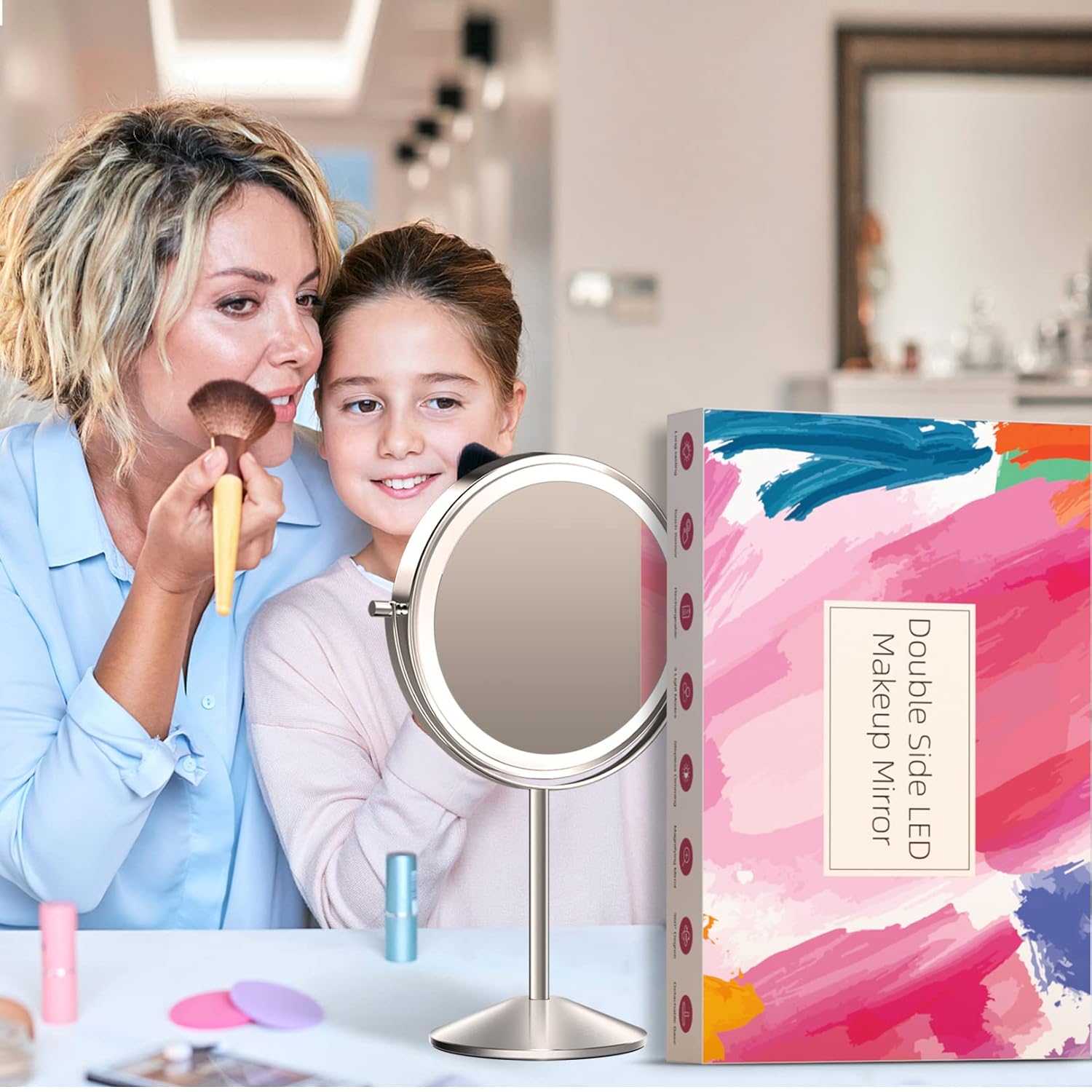 Lighted Makeup Mirror with Magnification, 1X 10X Magnifying Mirror with Light, Rechargeable 8'' HD Double Sided Tabletop Vanity Mirror, 3 Color LED Dimmable Desk Lit Cosmetic Mirror : Beauty & Personal Care