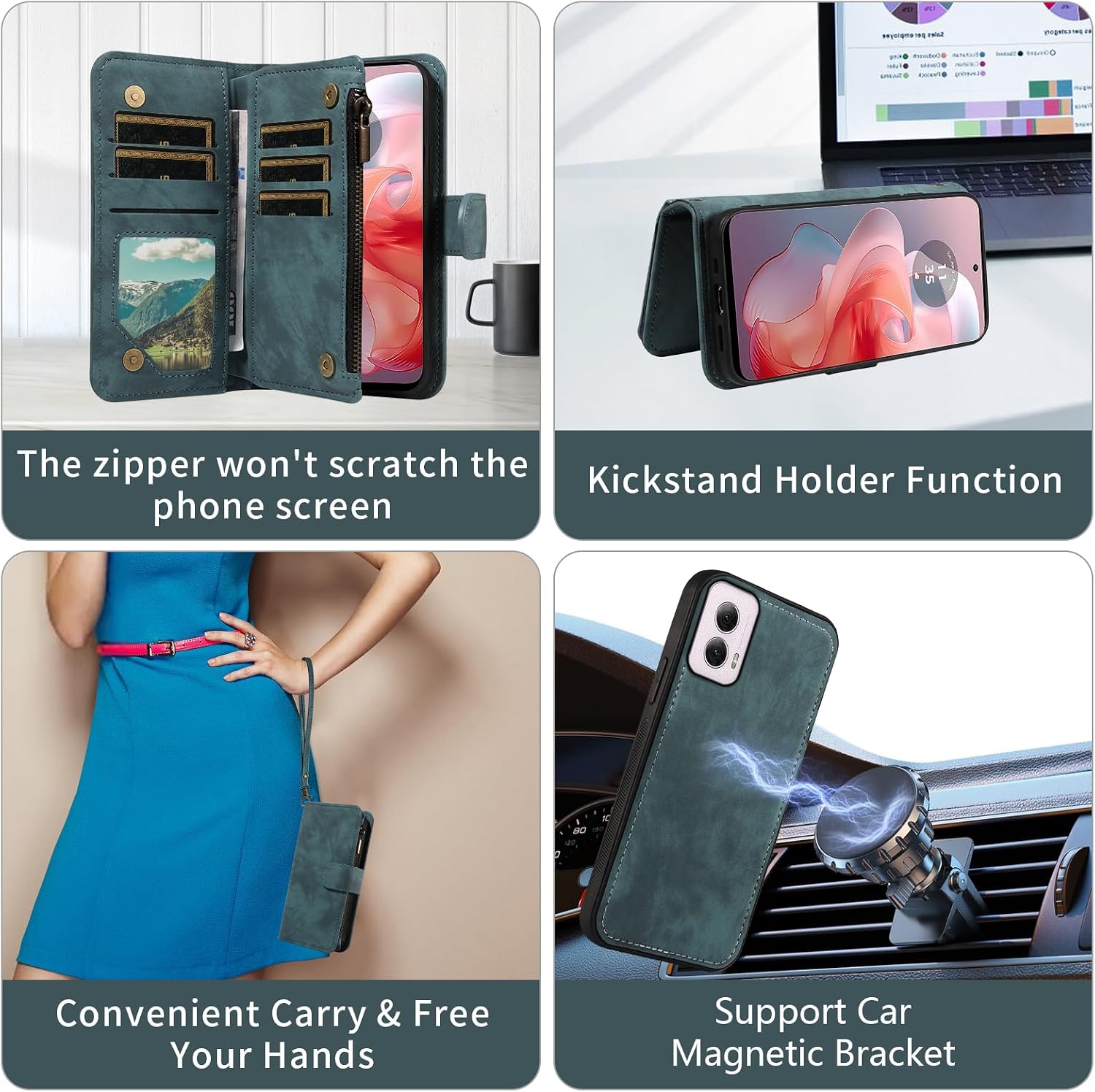 Asuwish Phone Case for Motorola Moto G Power 5G 2024 Zipper Wallet Magnetic Cell Cover with Tempered Glass Screen Protector Crossbody Wrist Strap Flip Credit Card Holder Purse G5 Women Girls Blue