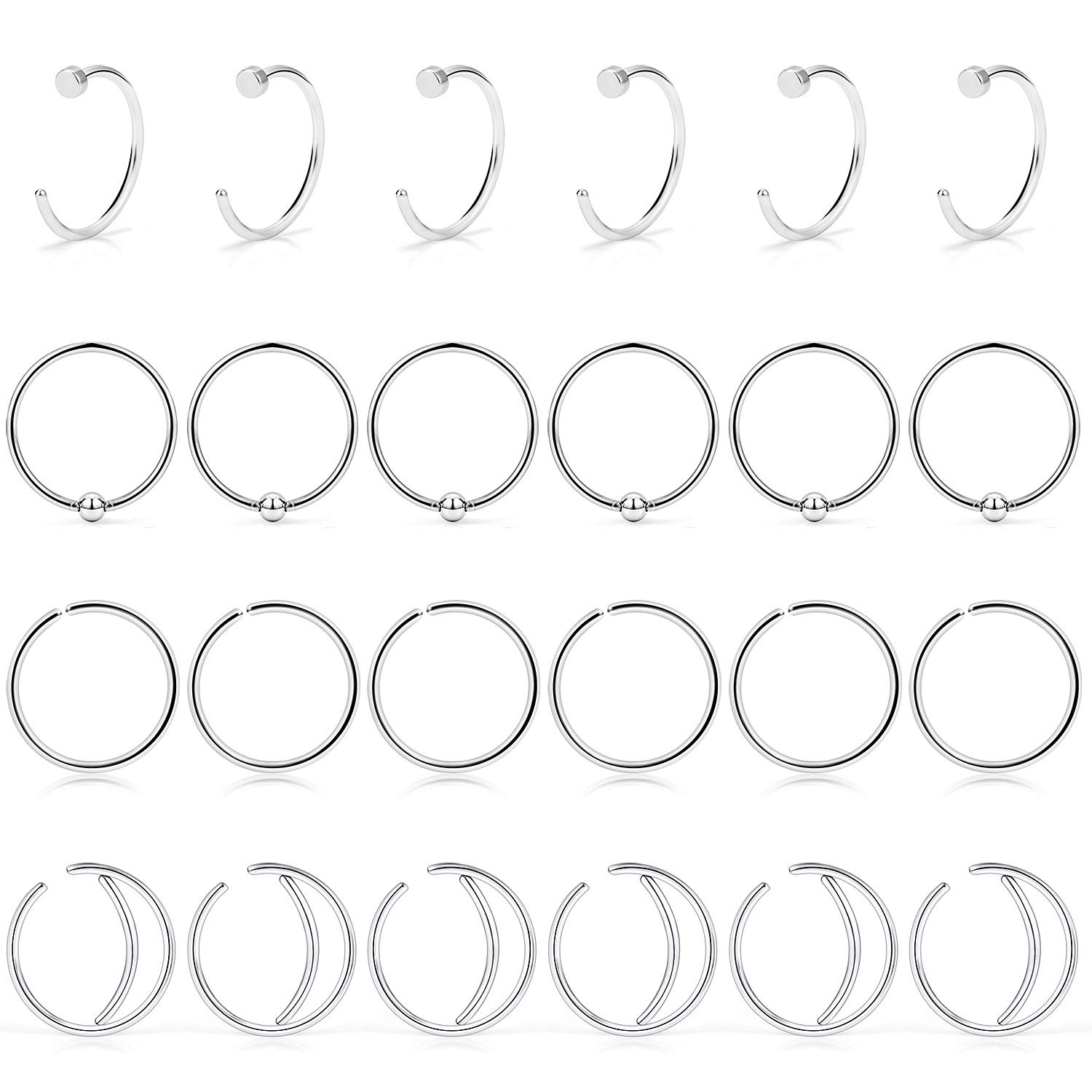 Lcolyoli 24PCS 22G Surgical Steel Moon Nose Rings Hoop Nostril Septum Ring Piercing Jewelry for Women Men 8mm 10mm