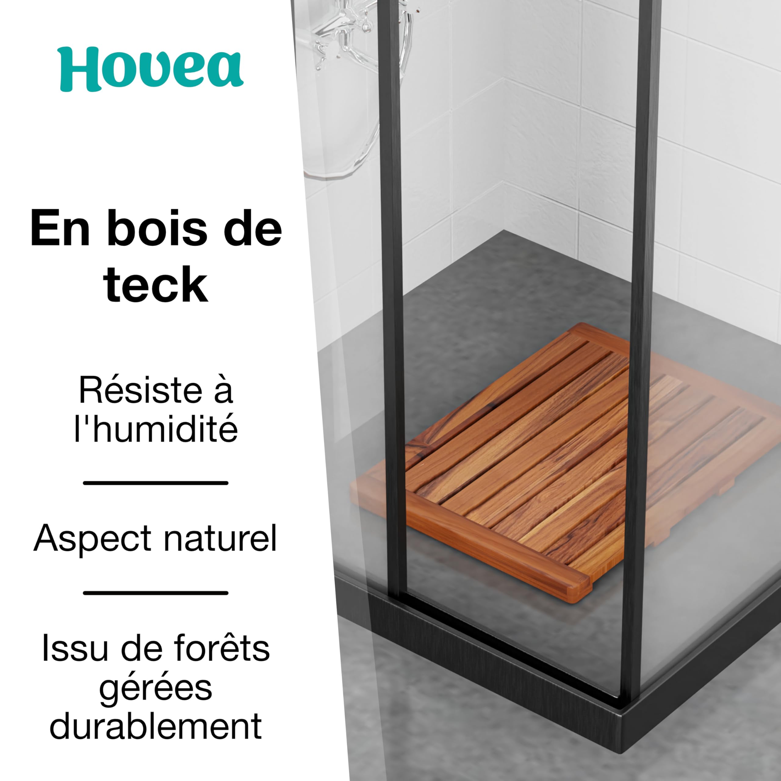 Caillebotis de Douche 61 x 45 cm - en Bois de Teck - Résistant à l’Humidité, Anti-Moisissures - Tapis de Salle de Bain Rectangulaire - Intérieur, Extérieur - Antidérapant - CB6145