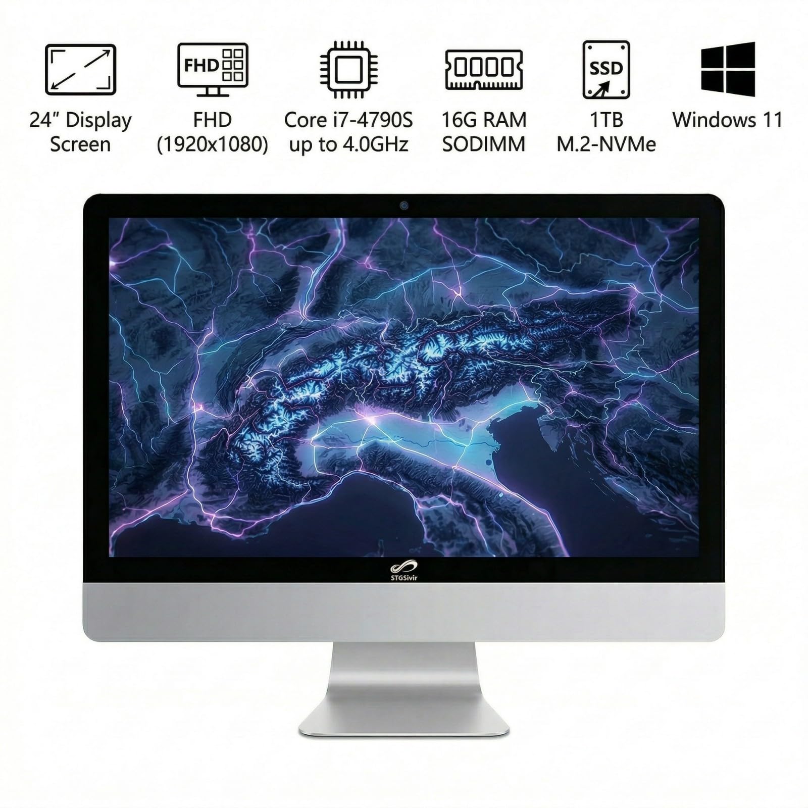 STGSivir PC All in One, Display FHD da 24", Core i7, 16G RAM, 1T SSD | All in One PC, WiFi, BT 5.0, Webcam, Win11 Pro, Bianco, AIO per Casa e Ufficio