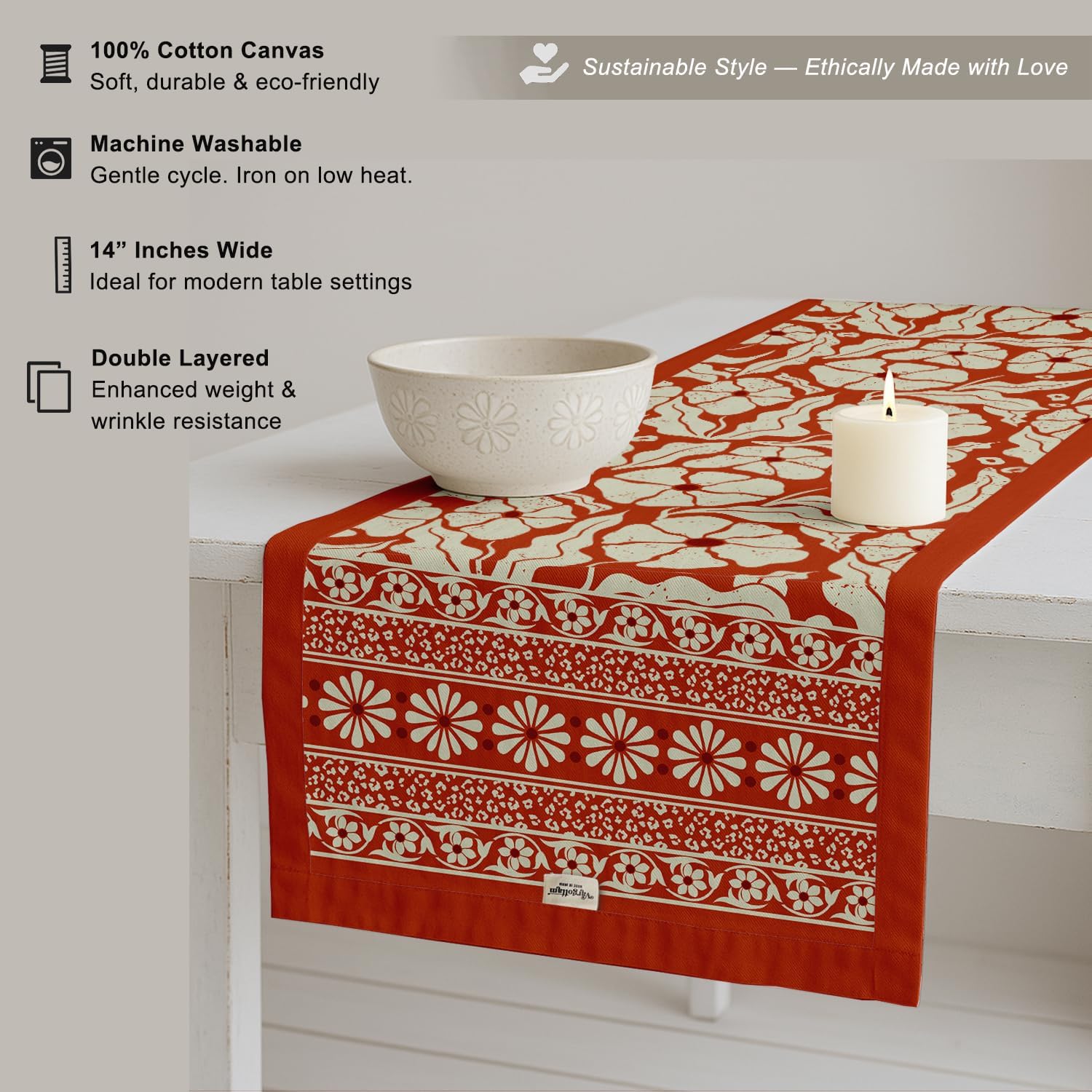 100% Cotton Table Runner - Double Layered with Side Borders - Table Linen - Floral Print for Dining, Console & Coffee Tables