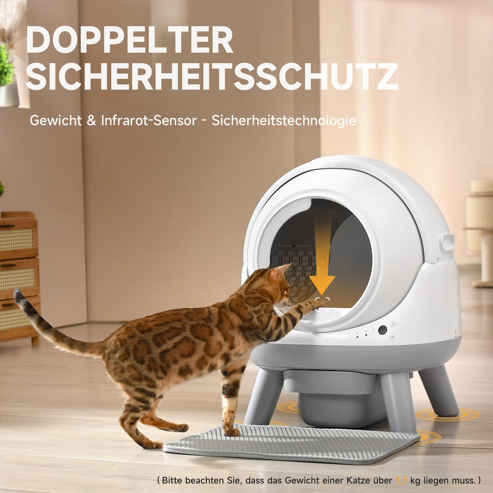 ELS PET Extragroße Selbstreinigende Katzentoilette, Sicherheitsarm, Weiß | App-Steuerung, offenes Design, Sicherheitsarm, 7 Sensoren, Geruchskontrolle, 30 cm Eingang, 18 L Tank, 1,1-8,2 kg, Antihaft