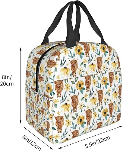 Miniatura 4 de bzaxxqi Bolsas de almuerzo de vaca y girasoles de las tierras altas para mujeres y hombres lonchera de vaca bolsa de mano reutilizable con bolsillo