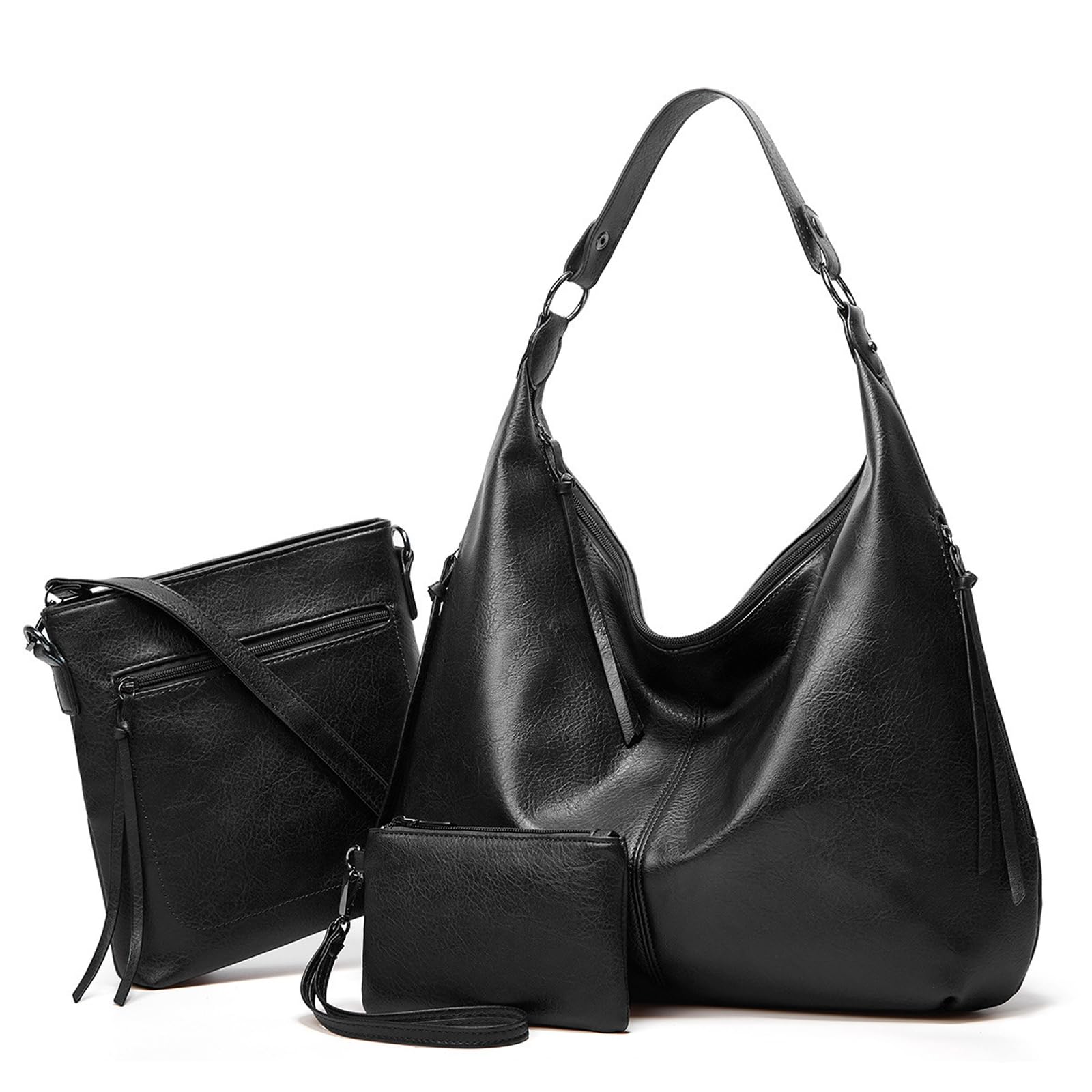 Photo 1 of [Missing Large Bag, Only Medium and Small] Auralith Soft Leather Handbags for Women - 3 Piece Set with Crossbody Purse & Wristlet, Large Hobo Bags for Work Travel Daily (Black)