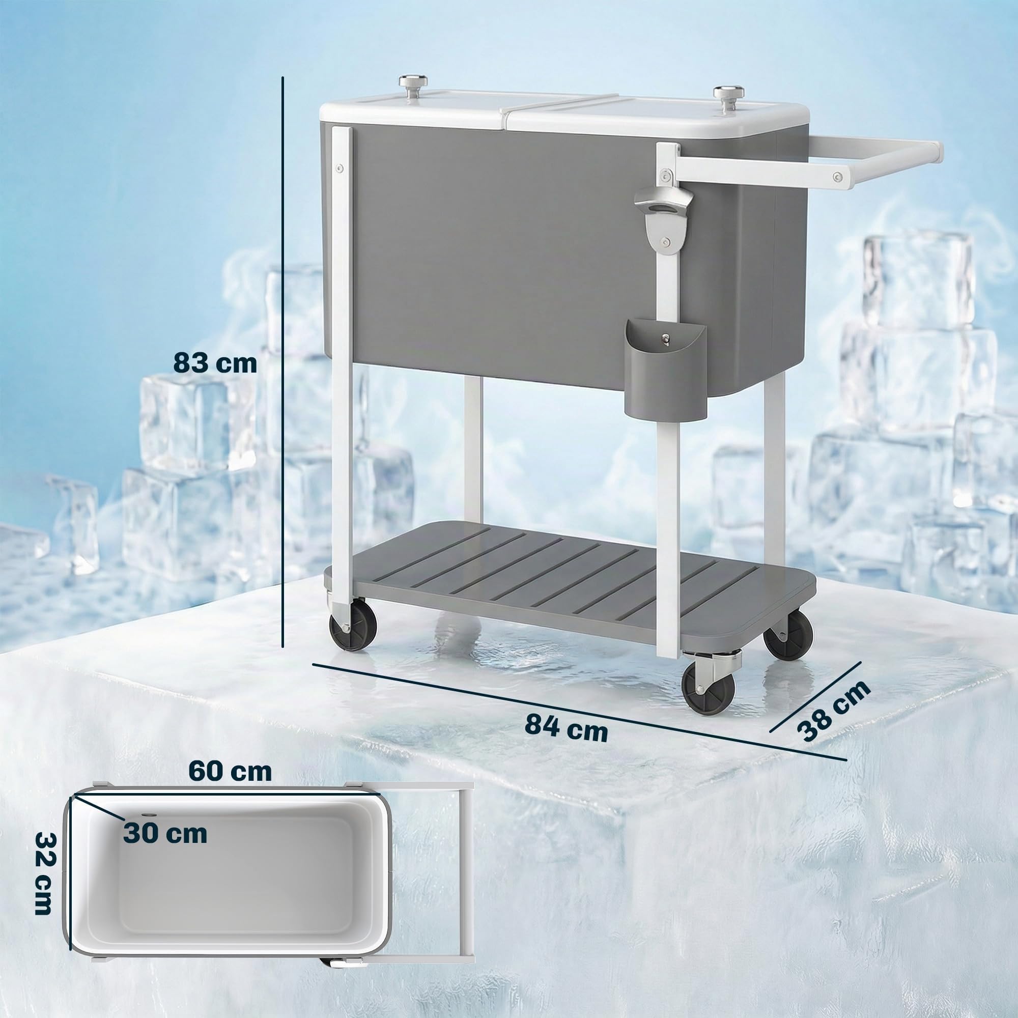 Outsunny Carrello refrigerante con capacità di 56 l, con ruote, apribottiglie, ripiano inferiore, manico carrello per bevande, refrigeratore, portabicchieri per feste all'aperto e barbecue, grigio