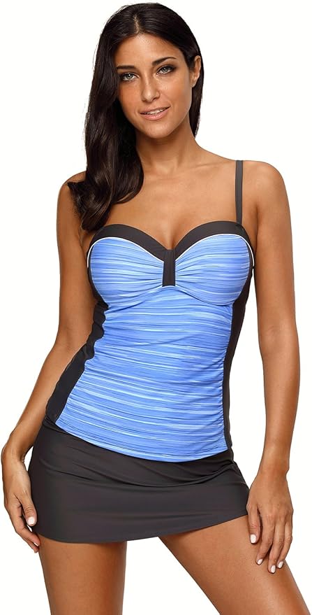 REKITA Womens Swimsuit Halter Tankini Top and Skort Bottom Explore our assortment of retro women's swimsuits, featuring adjustable shoulder straps, a delightful double-layered flouncy ruffled top, a push-up padded removable bra, and high-waisted ruched bottoms for timeless allure and full-body coverage.