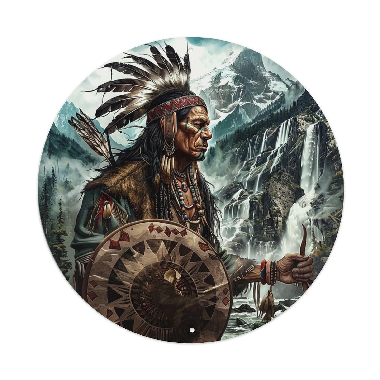 Jdyansheng Vintage Native American Warrior Mountain Scene Tin Sign Metal Poster Metal Signs For Home Man Cave Bar Cafe Kitchen Laundry Room Wall Decorations 8X8 Inches