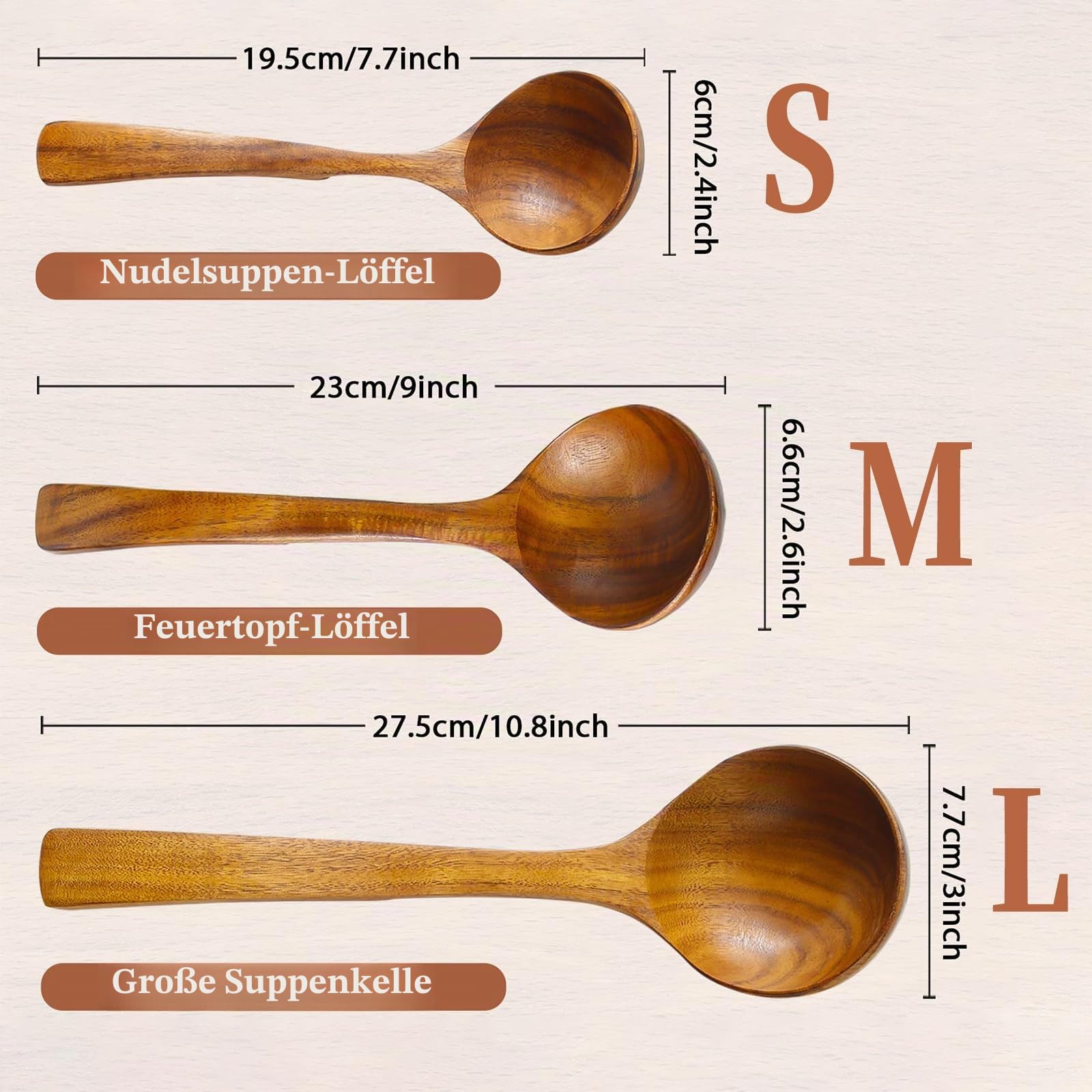 Holzkelle Suppen-Set, 3 Größen, Holzlöffel zum Kochen, antihaftbeschichtet, Kochlöffel aus natürlichem Teakholz, Küchenutensilien-Set