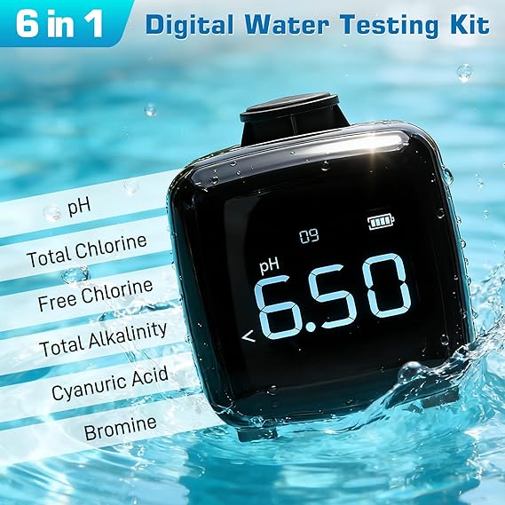 6-in-1 Digital Water Testing Kit, Digital Pool & Hot Tub Water Tester | for pH, Free/Total Chlorine, Alkalinity, Cyanuric Acid & Bromine, Fast Accurate Electronic Pool Tester for Spa,Well,Tap Water