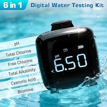 6-in-1 Digital Water Testing Kit, Digital Pool & Hot Tub Water Tester | for pH, Free/Total Chlorine, Alkalinity, Cyanuric Acid & Bromine, Fast Accurate Electronic Pool Tester for Spa,Well,Tap Water