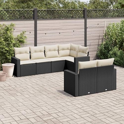 7-Piece Modular Outdoor Sofa Set in Black and Cream White, Durable PE Rattan and Steel Construction with Removable Cushions, Versatile Seating for