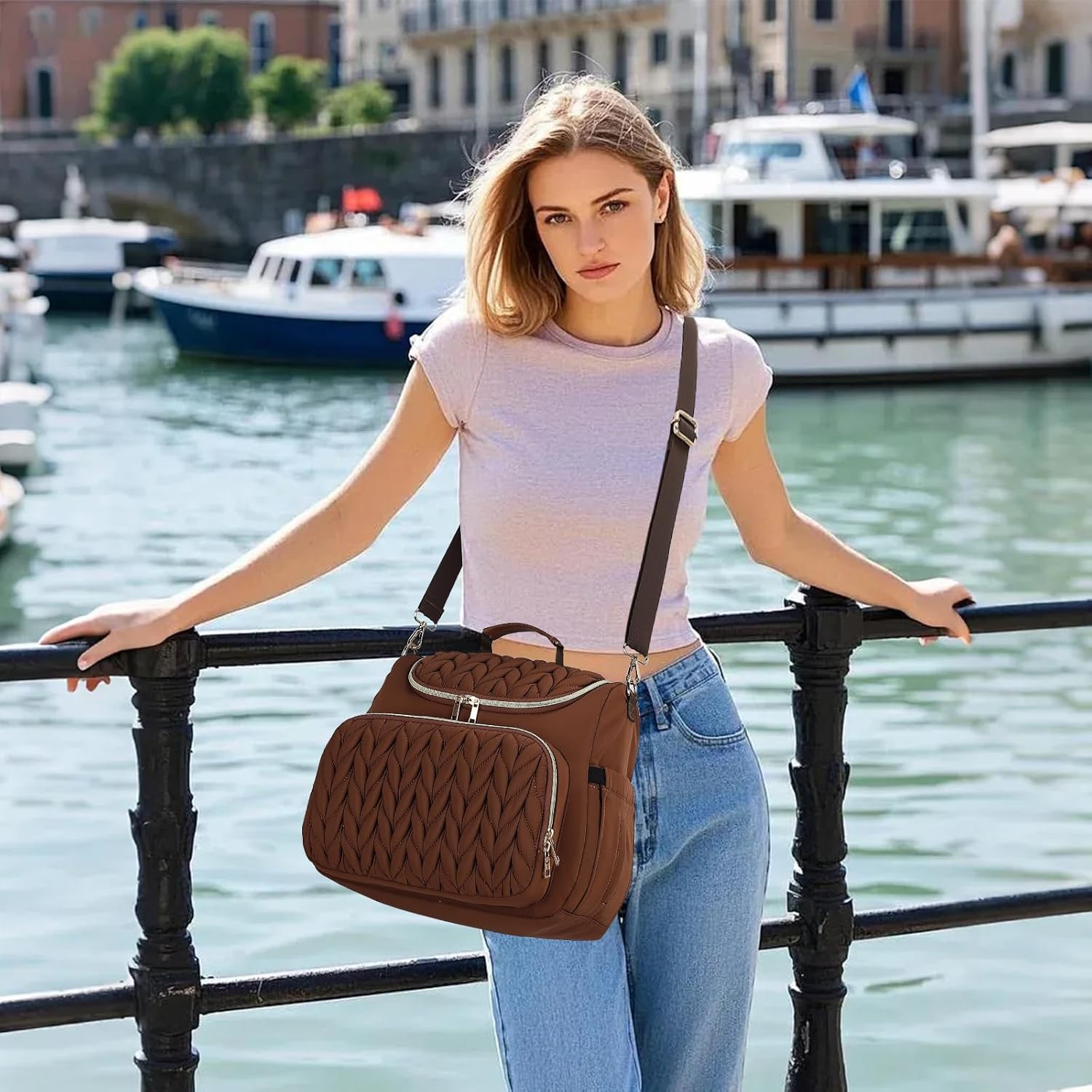 Small Diaper Bag Backpack Quilted Mini Baby Crossbody Diaper Bag Tote for Mom and Baby Girls Boys (Brown)