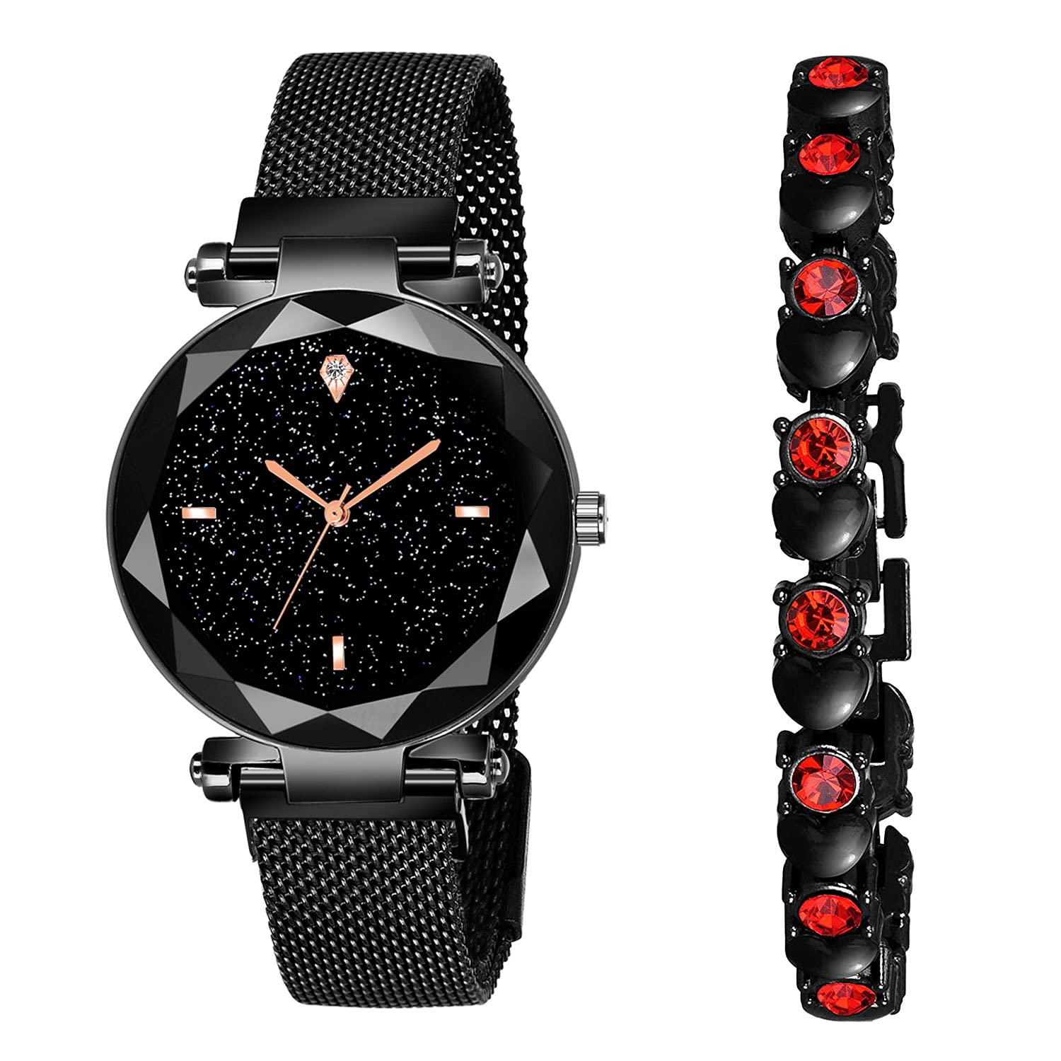 Shunya New Classic Stylish Magnet Strap Black Watch & Red-Black Stone Bracelet Combo Pack 02 (B09B97LS3Q) Amazon Price History, Amazon Price Tracker