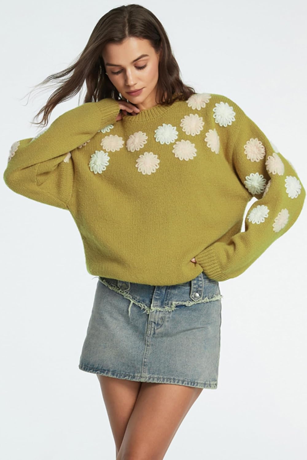 D-Sun Women Crew Neck Flower Sweater Fall Winter Floral Embroidered Long Sleeve Knit Ribbed Color Block Pullover Sweater Top - Image 5