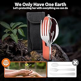 Camping Eating Utensils HIKENTURE 4-In-1 Stainless Steel Spoon Fork Knife Bottle Opener Set,Foldable Backpacking Cutlery for Traveling, Hiking, Boy Scout Gift(Red)