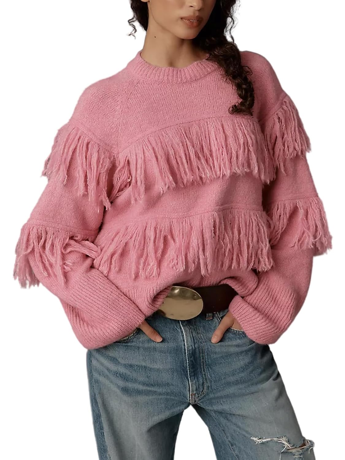HOULENGS Womens Casual Crew Neck Fringe Tassel Sweaters Fashion Long Sleeve Knitted Fall Pullover Tops