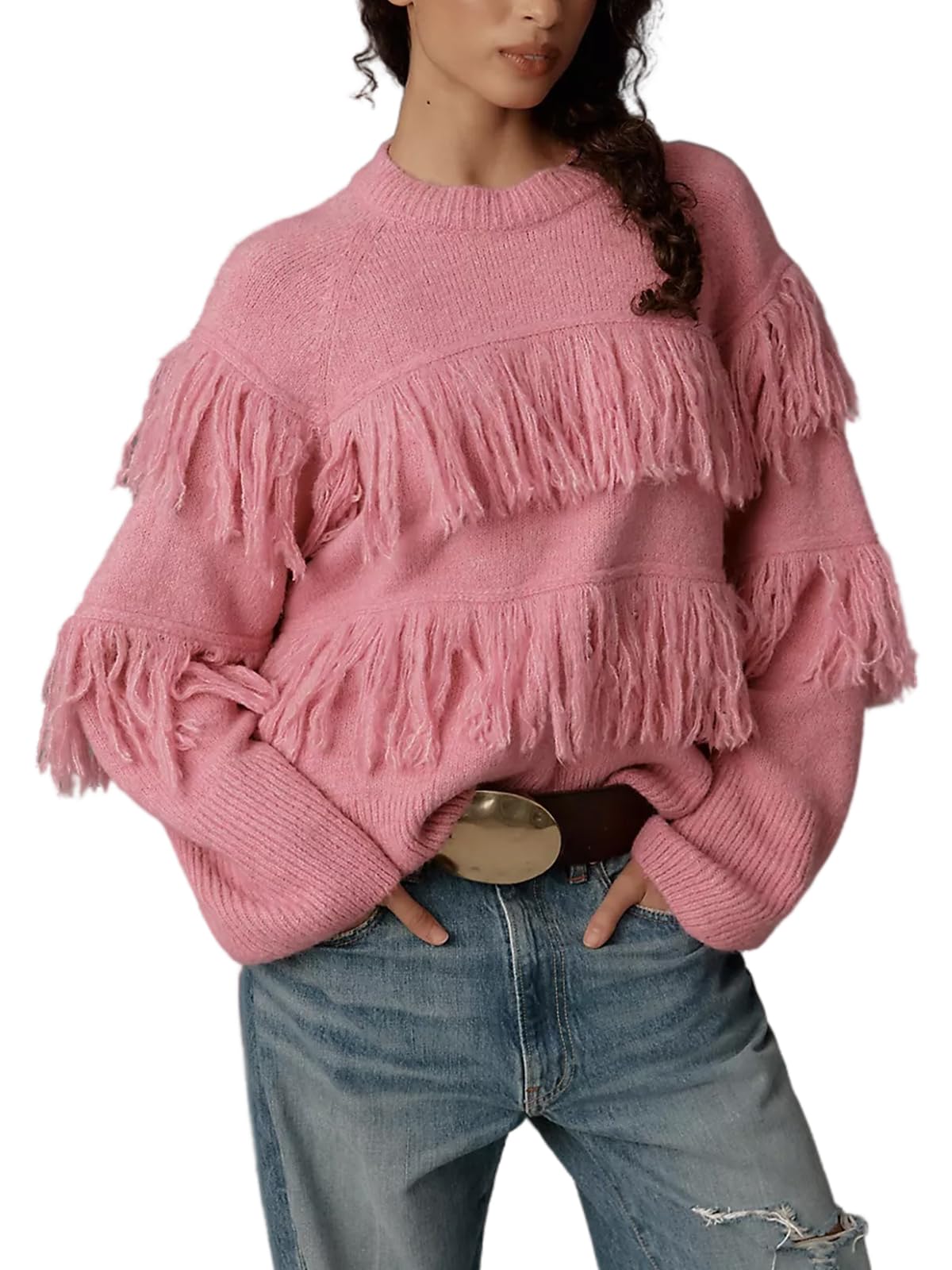 HOULENGS Womens Casual Crew Neck Fringe Tassel Sweaters Fashion Long Sleeve Knitted Fall Pullover Tops