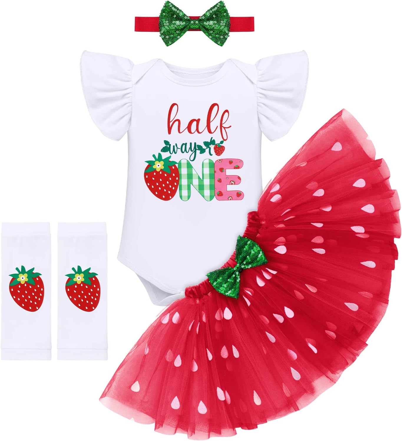 ODASDO Baby Girl Fruit Theme 1st / 2nd Birthday Party Cake Smash Outfit Romper + Skirt + Heabdand + Leg Warmers 4pcs Set