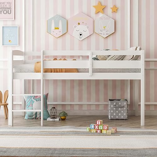 Miniatura 3 de Cama baja de madera de tamaño individual con barandilla de protección y escalera para niños y niñas, cama baja clásica para niños con almacenamiento