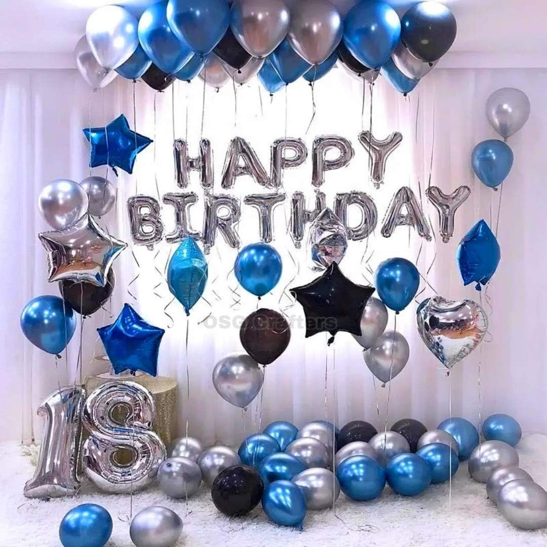 TRISHRA Happy Birthday Letter Foil Balloon Set of Silver + Pack of 60 HD Metallic Balloons (Blue, Black and Silver)
