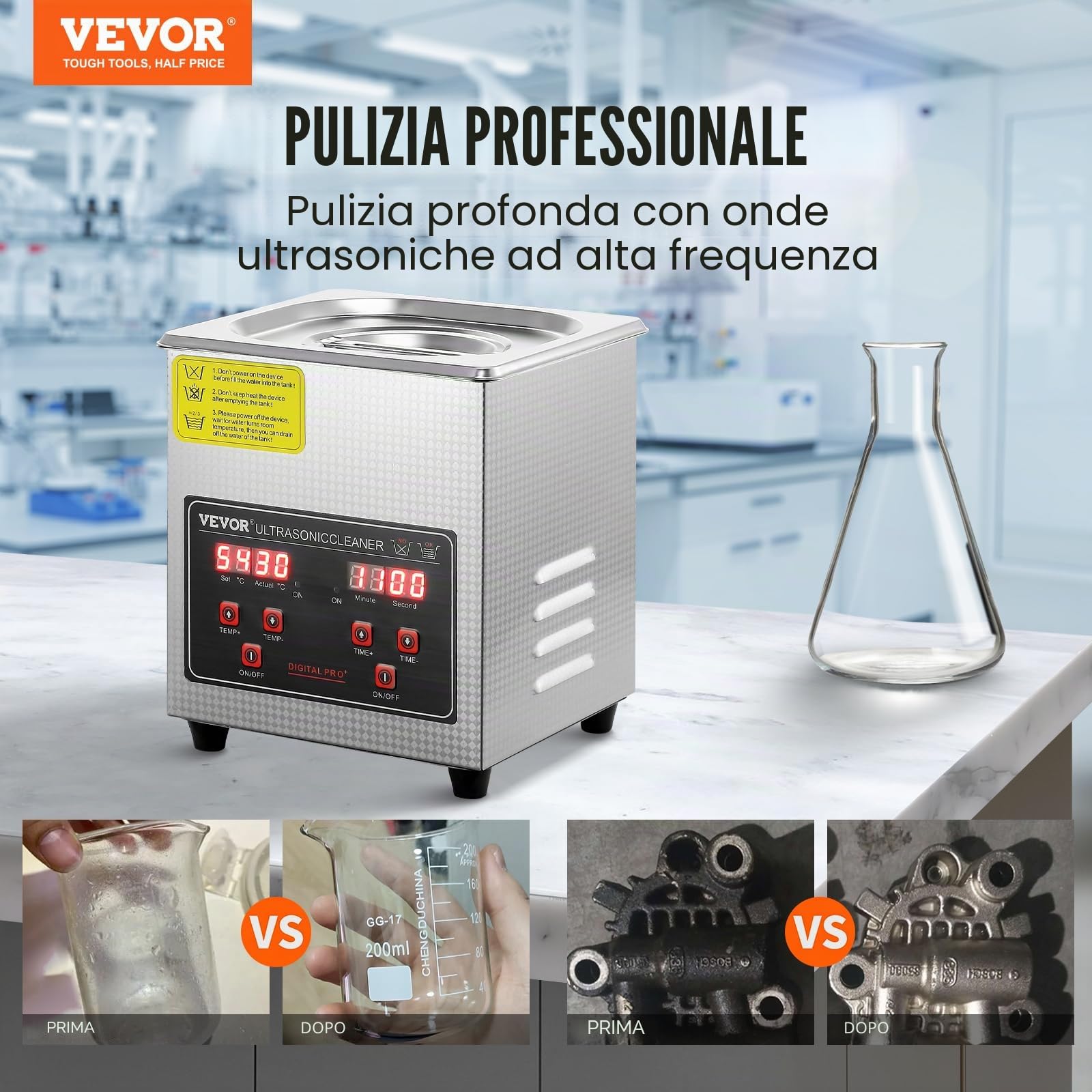VEVOR Pulitore a Ultrasuoni Vassoio Display Digitale in Acciaio Inox Capienza 2 Litri con Riscaldamento Tempo Temperatura Regolabile, Macchina Pulitrice a Ultrasuoni per Gioielli Occhiali Laboratorio