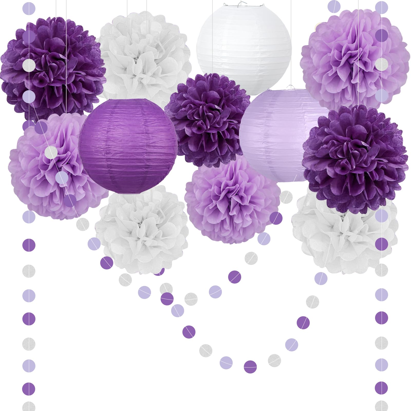 View 1 of 14 Pcs Purple Birthday Decorations, Pom Poms, Paper Lanterns, Dot Garlands