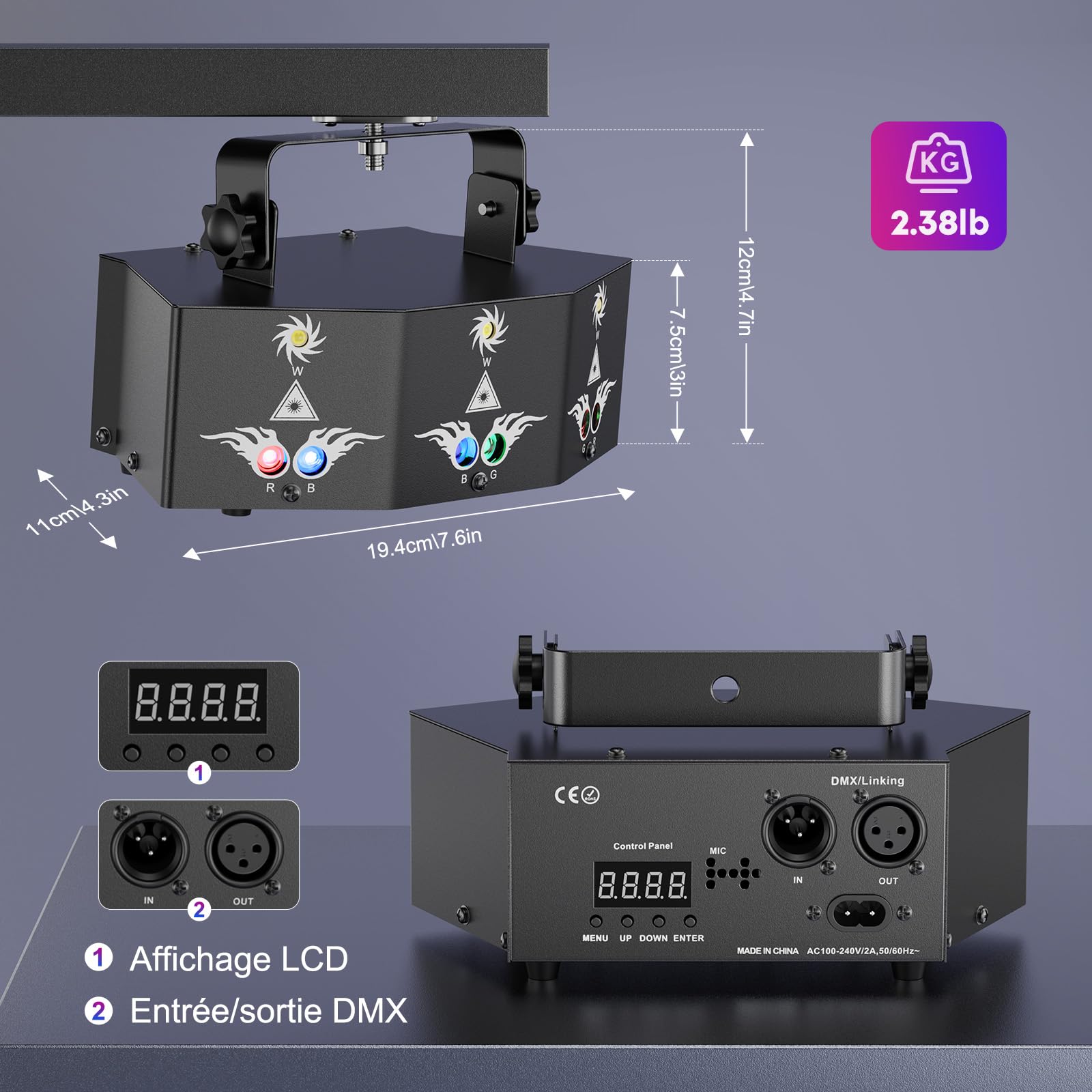 Lumière disco, Lumière DMX avec 9 Lentilles LED RVB, Projecteur DJ avec Effet Stroboscopique Activé par le son, Convient pour Fêtes, Clubs, Mariages, Concerts, Bars, Anniversaires