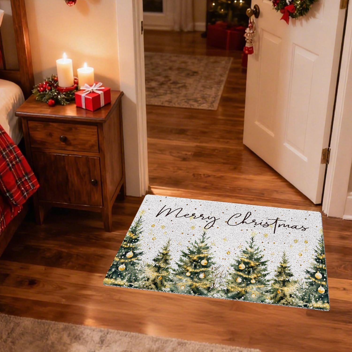 Winter Forest Christmas Door Mat, Gold Snowflake Ornament Christmas Tree Doormat Non-Slip for Porch Indoor Outside Entrance Entryway, Xmas Winter Holiday Welcome Mat Front Door, 17x30 Inch