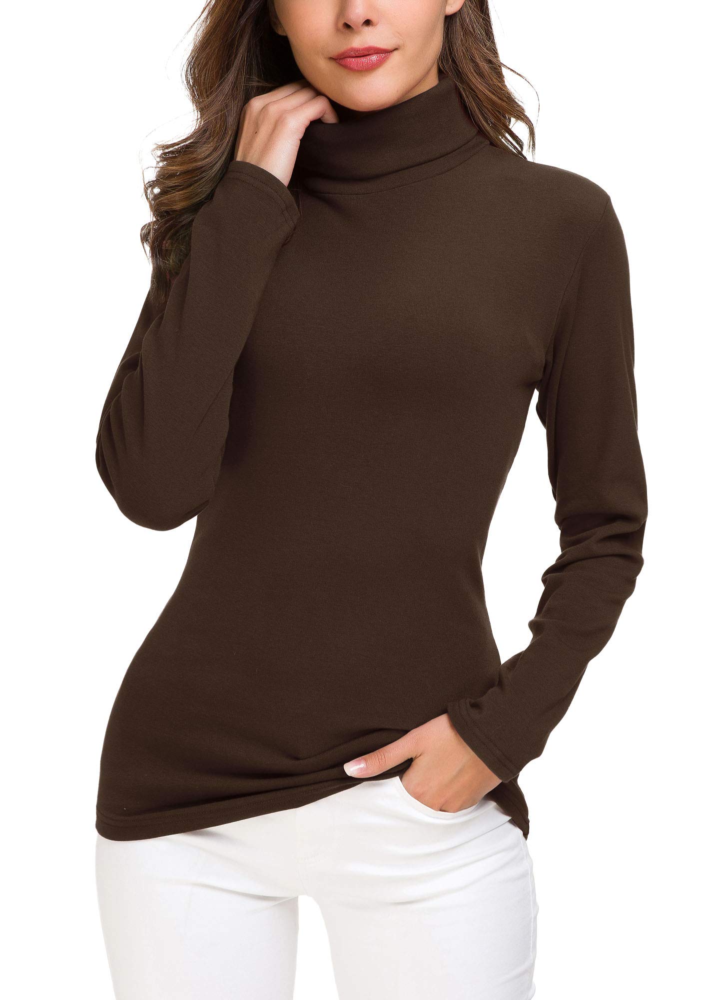 EXCHIC Women’s Slim Fit Turtleneck Pullover Solid Long Sleeve Stretchy Sweatshirt (S, Coffee)
