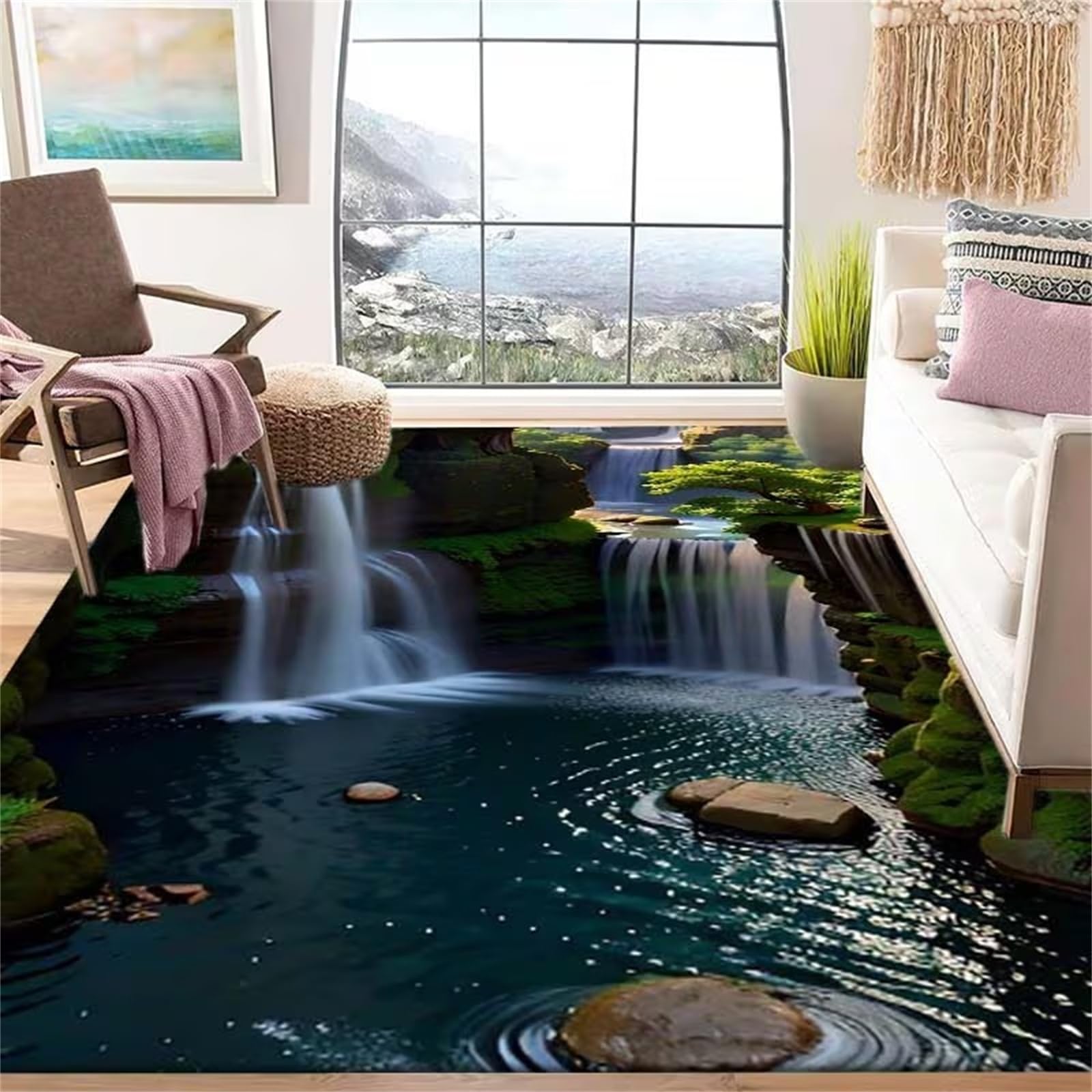 USHIRUG Optical Illusion Area Rug, 160x200cm,3D Natural Landscape Mountains and Waterfalls Beautiful Indoor Carpet, Non-slip Washable Floor Mat for Doorways, Stairs, Game Rooms, Living Rooms — image 1