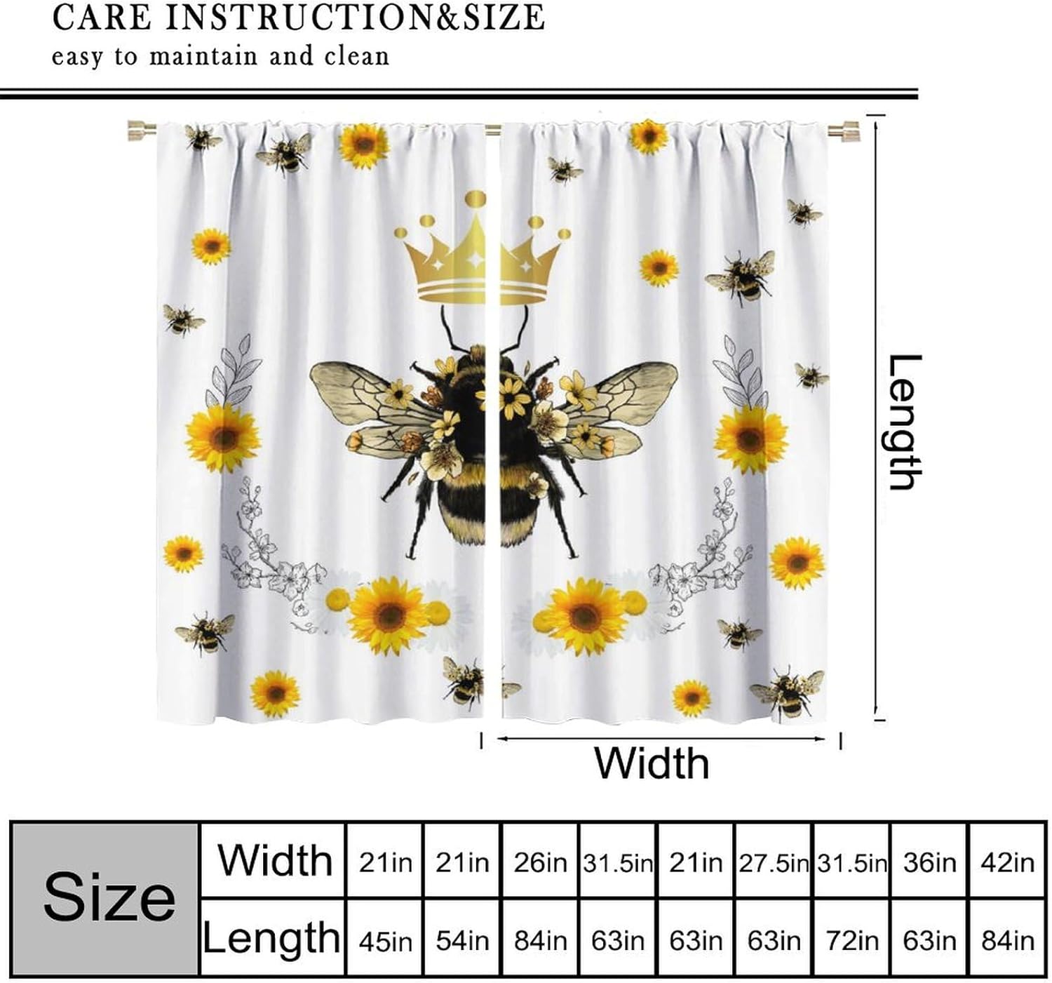 Bee Blackout Curtain,Spring Animals Yellow Floral Window Treatment Curtains Cloth Farbic for Cafe Bedroom Office Dining Room Living Room Kitchen Drapes,84x84 in