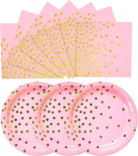 Platos y servilletas de papel rosa y dorado, 100 unidades, platos de postre de 50 x 7 pulgadas y servilletas de 50 x 6.5 pulgadas, platos de papel