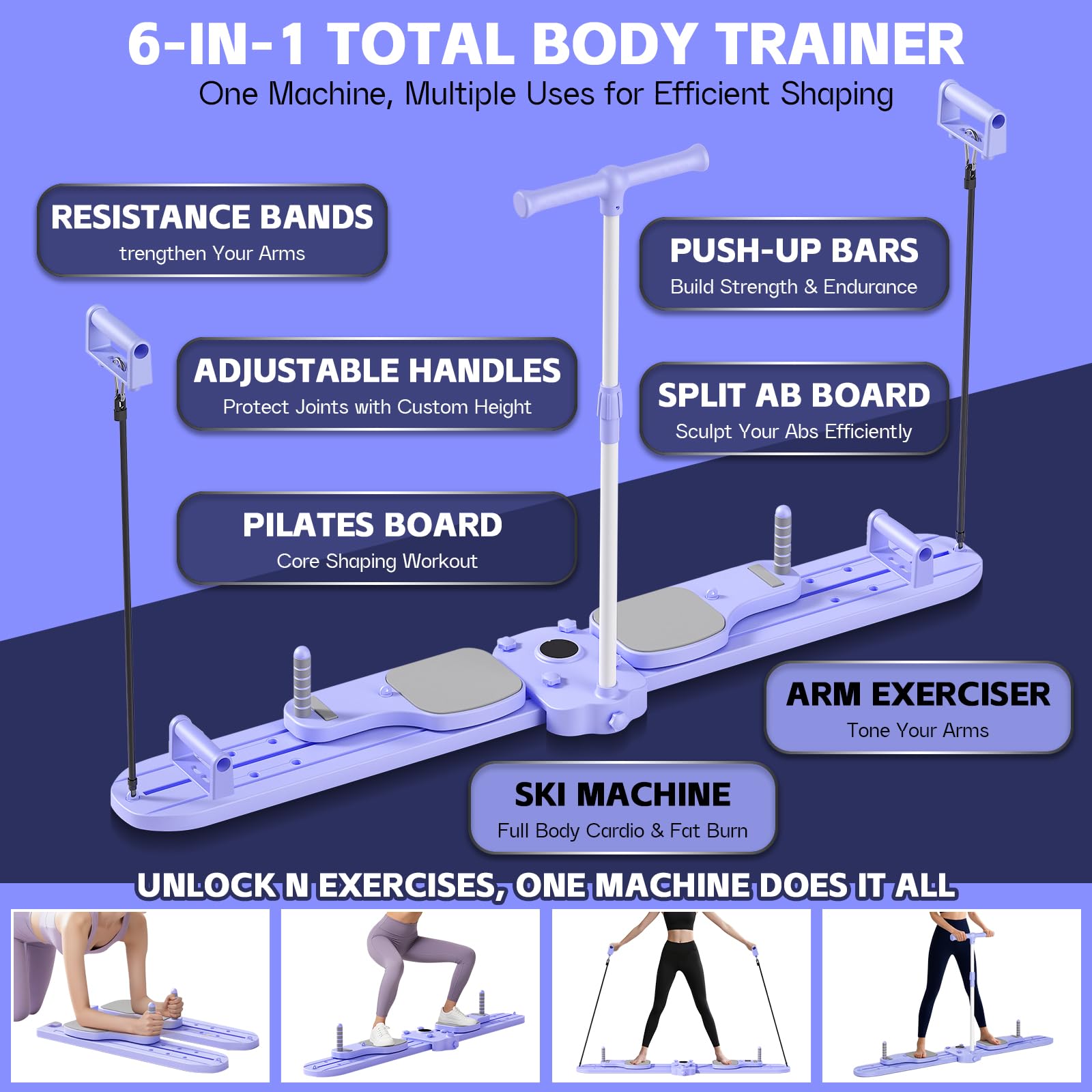 Pilates Reformer Maschine, Multifunktionales Ski-Fitnessgerät mit Widerstandsbändern, Verstellbaren Griffen, Pilates Board, Liegestütz Griffen, Split-Ab-Board & Armtrainer, Ganzkörper Workout