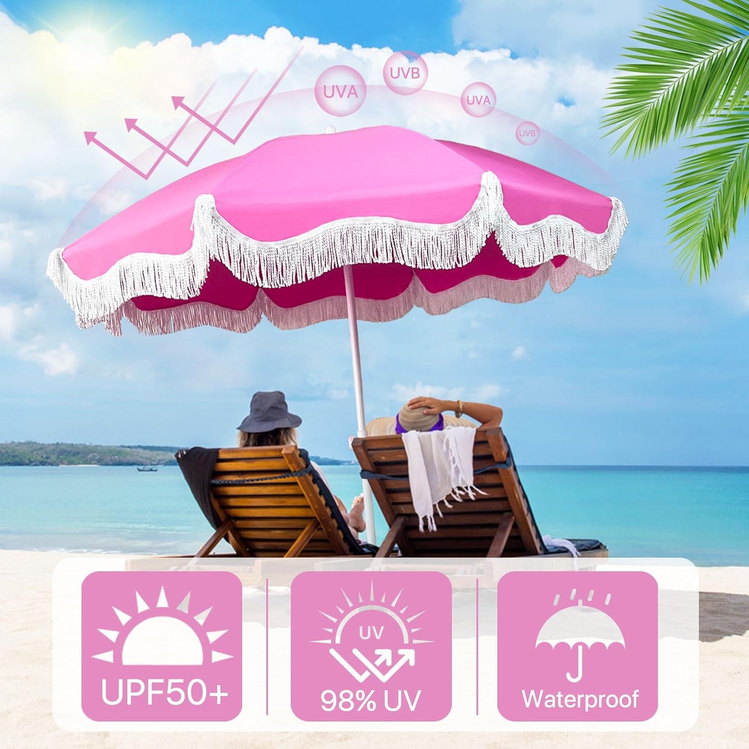 Boho Table Umbrella with Fringe Pink Patio Umbrella 6ft Tassel Beach Umbrella UPF 50+ Outdoor Umbrella Waterproof Portable Umbrella Detachable with Carry Bag Pool Umbrella with Tilt for Garden Lawn