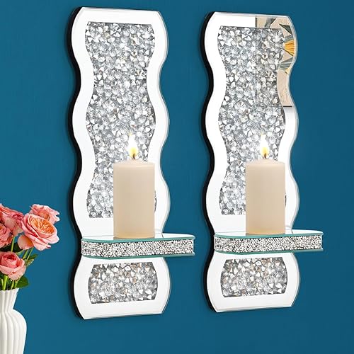 Crystal Crush - Juego de 2 candelabros con espejo de diamante, juego de 2 candelabros de pared plateados, decoración de pared para sala de estar,
