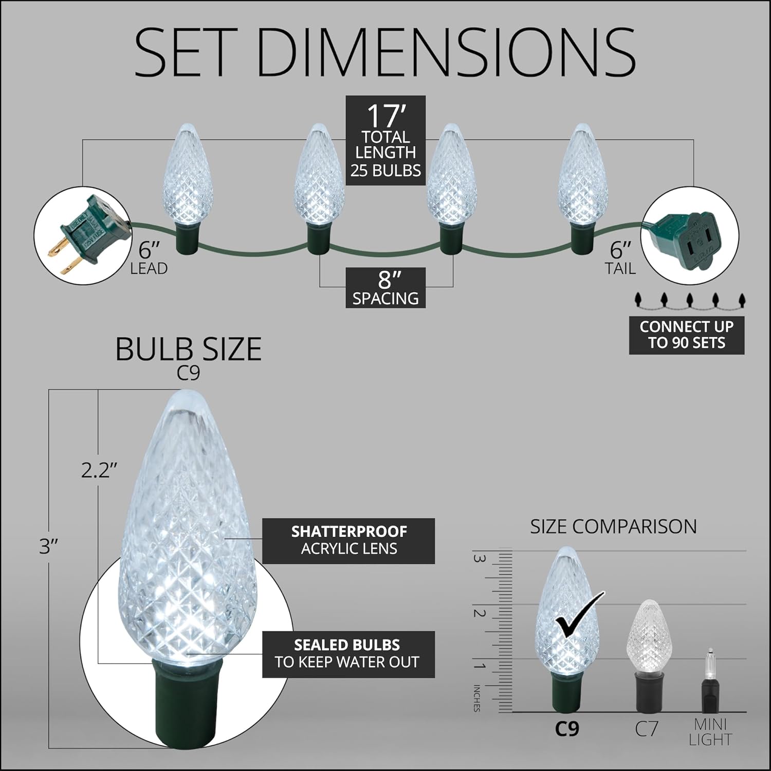C9 LED Faceted Cool White Prelamped Light Set, Green Wire - 25 C9 Cool White LED Christmas Lights, 8" Spacing