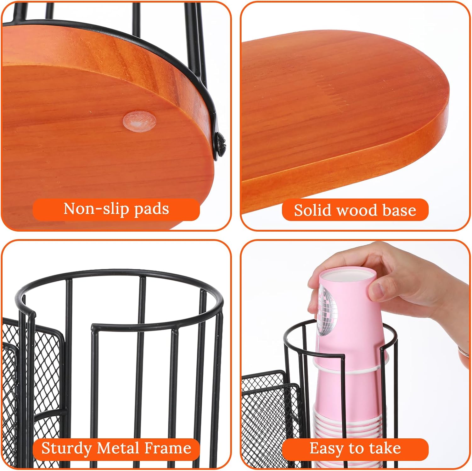18oz Coffee Cup and Lid Holder with Wooden Base, 3 Compartment