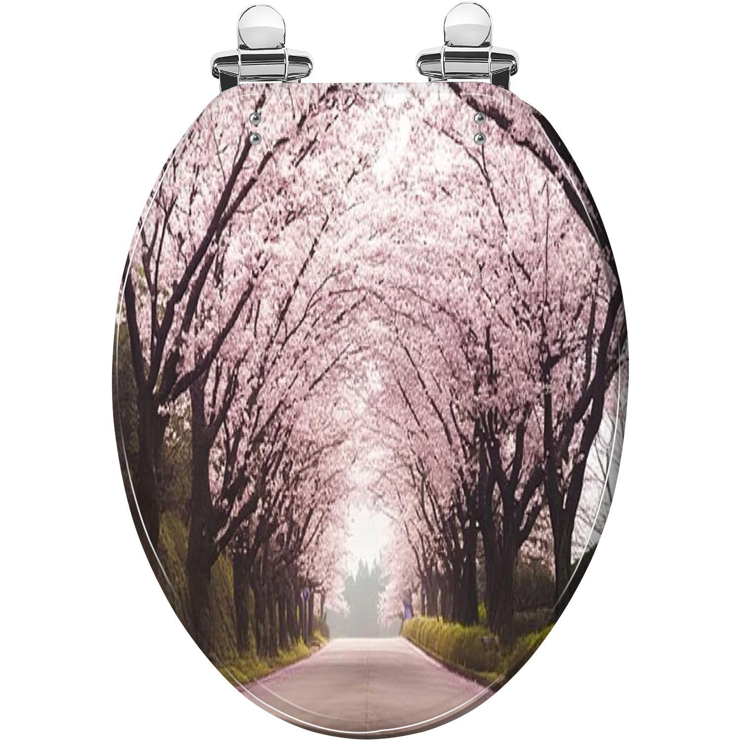 Elongated Toilet Seat cherry tree lined road is beautiful scenery that blooms Resin Toilet Seat Quietly Close Quick Release Hinges Decorative Toilet Seat with Cover Easy to Install
