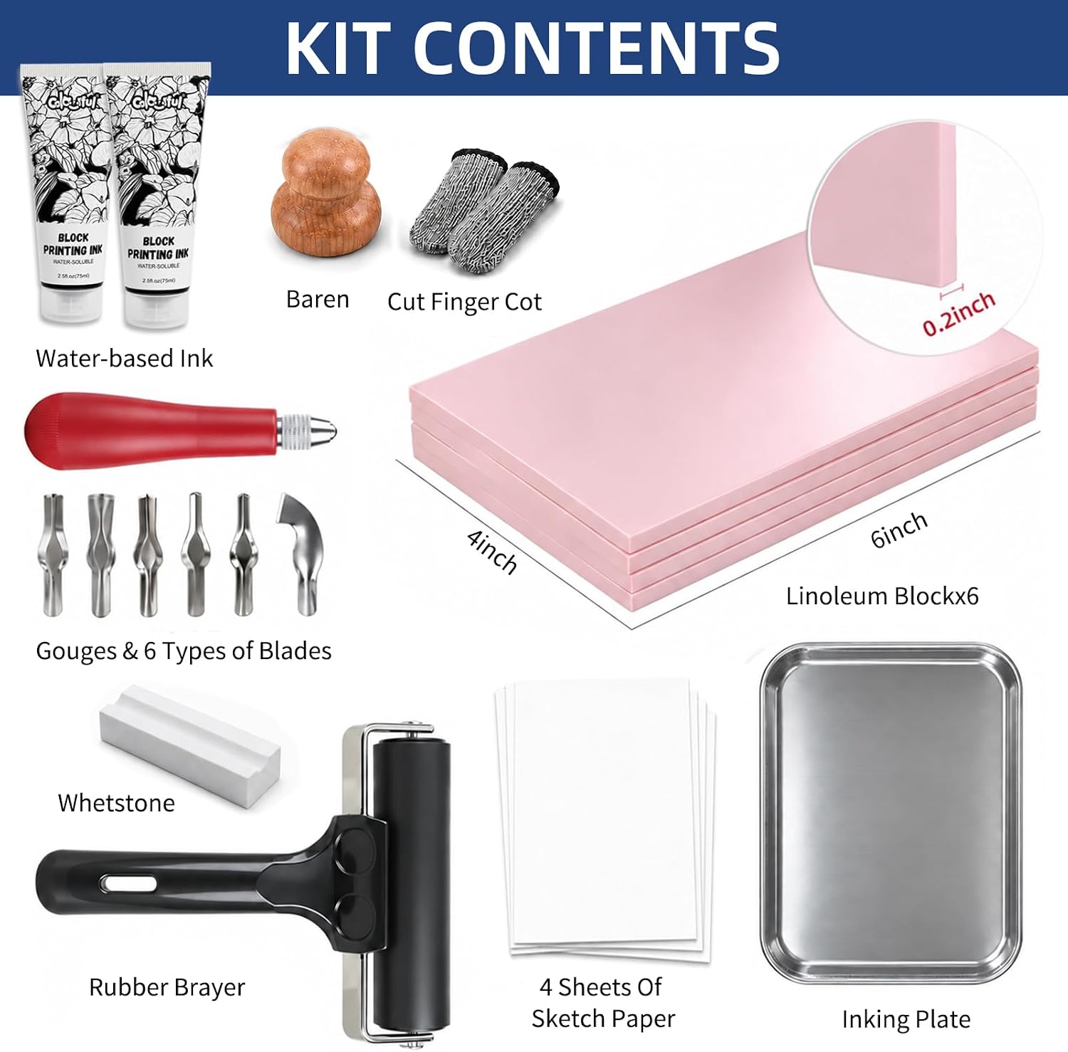 Linocut Printing Kit with Tools, 6 Carving Blocks & 2x75ml Black Print Ink