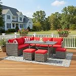 Tangkula 7 Pieces Patio Furniture Set, Outdoor Sectional Rattan Sofa Set with Cushions, All Weather Wicker Conversation Couch Set w/Dining Table & Ottomans for Backyard Garden Poolside