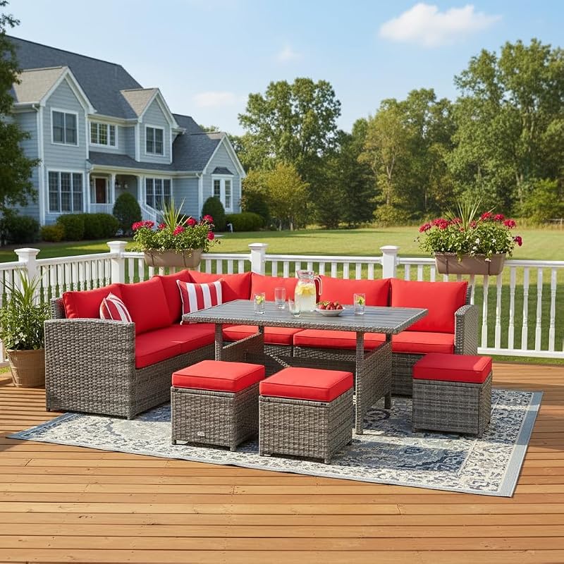 Tangkula 7 Pieces Patio Furniture Set, Outdoor Sectional Rattan Sofa Set with Cushions, All Weather Wicker Conversation Couch Set w/Dining Table & Ottomans for Backyard Garden Poolside image 3
