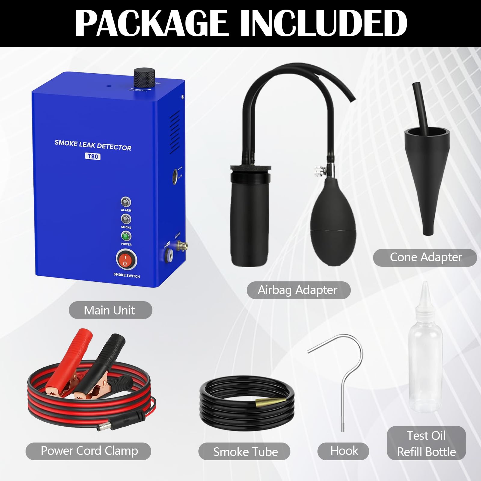 Máquina de Humo 12V para detección de Fugas EVAP, Kit Detector de Fugas para Coche Moto camión y Barco, con Pinzas de alimentación adaptadores y Tubo de Humo
