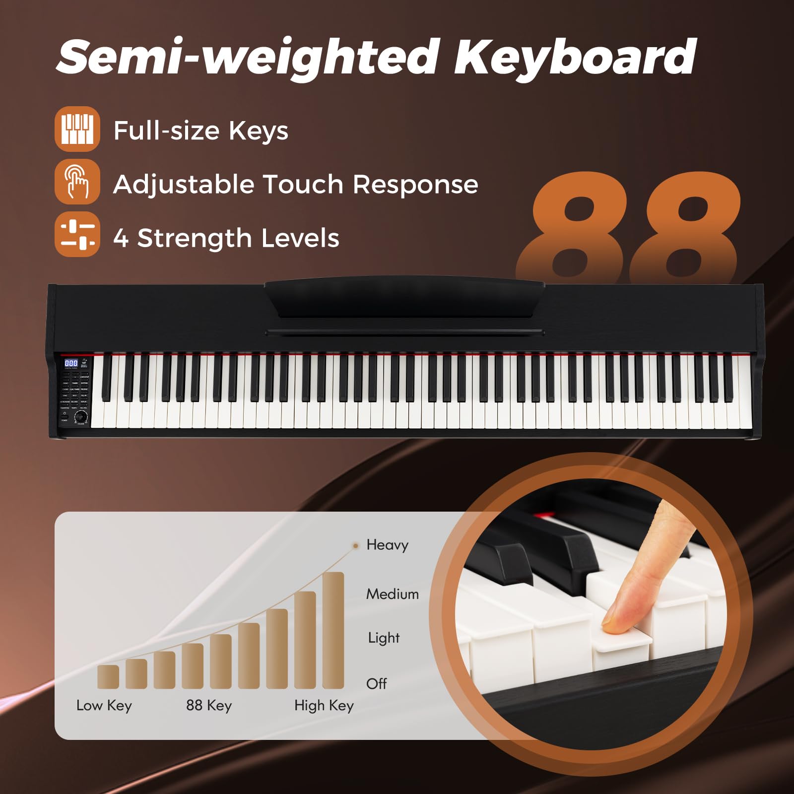 Piano Digitale a 88 Tasti, Tastiera Elettrica Semipesata di Misura Completa con Supporto Regolabile, Tre Pedali, Doppie Casse (Black)