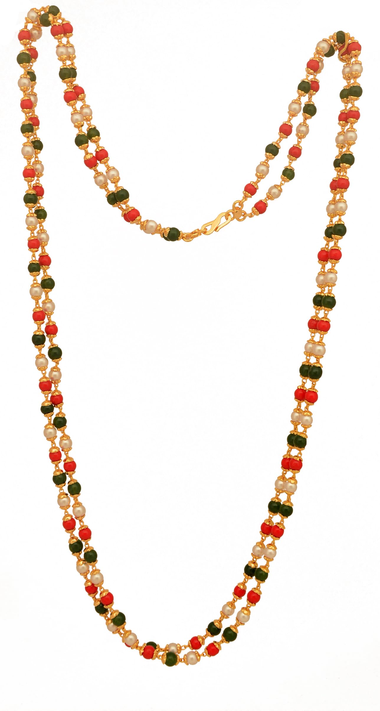 ELEGANTDREAMTraditional 2 Layered Red and Gold Beads Chain One Gram Gold Polished Chain (24 Inch Long) Long Lasting Gold Polish S-Hook