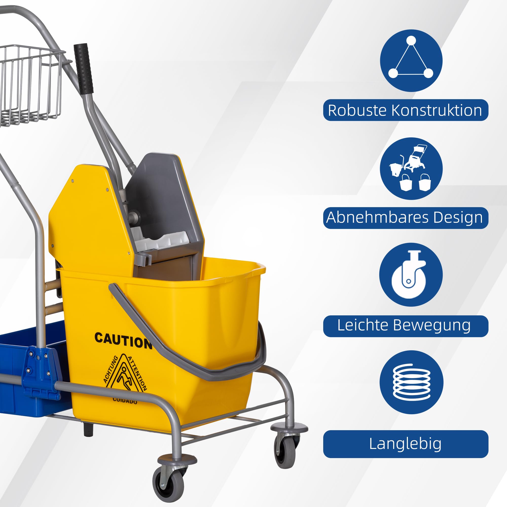 HOMCOM Chariot de nettoyage Chariot de nettoyage Seau roulant Seau de nettoyage 25 litres avec essoreuse, crochet pour balai à franges Chariot ménager avec 4 roulettes Jaune